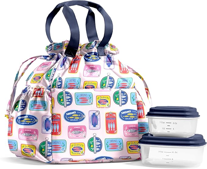 Fit & Fresh Cromwell Drawstring Lunch Bag for Women, Complete Lunch Set with 2 Containers, Stain-Resistant, Leak-Resistant, Back to School Essential, Teacher Lunchbox, Assorted Sardine Cans