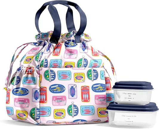 Fit & Fresh Cromwell Drawstring Lunch Bag for Women, Complete Lunch Set with 2 Containers, Stain-Resistant, Leak-Resistant, Back to School Essential, Teacher Lunchbox, Assorted Sardine Cans