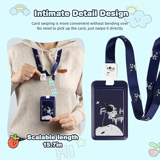 Cute ID Badge Holder with Clip Badge Reels and Lanyards with Badge Reel with 15-inch Pull Cord for School, Teacher, Student, Women, Men (Astronaut)