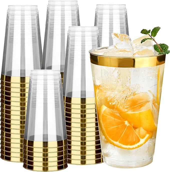 RACETOP 14 oz 200 Pack Disposable Plastic Cups with Gold Rim, Disposable Gold Rim Plastic Cups for Parties, Weddings, Gatherings, and Festival Events