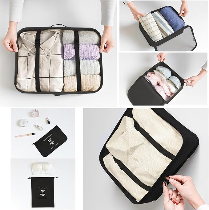 6 Set Packing Cubes for Travel, Luggage Organizers with Shoe & Toiletry Bags, Lightweight Suitcase Organizer for Carry-On, Washable Laundry Bags(Black)