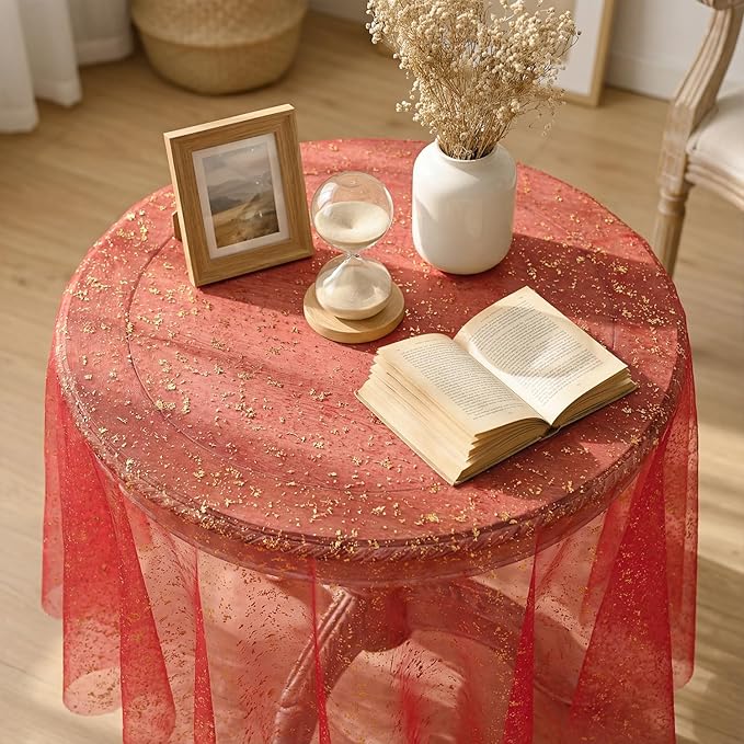 Horaldaily Red Gold Gauze Tablecloth 60x60 Inch Round, Red Sequin Glitter Metallic Foil, Sheer Tulle Cheesecloth for Wedding Baby Shower Ceremony Birthday