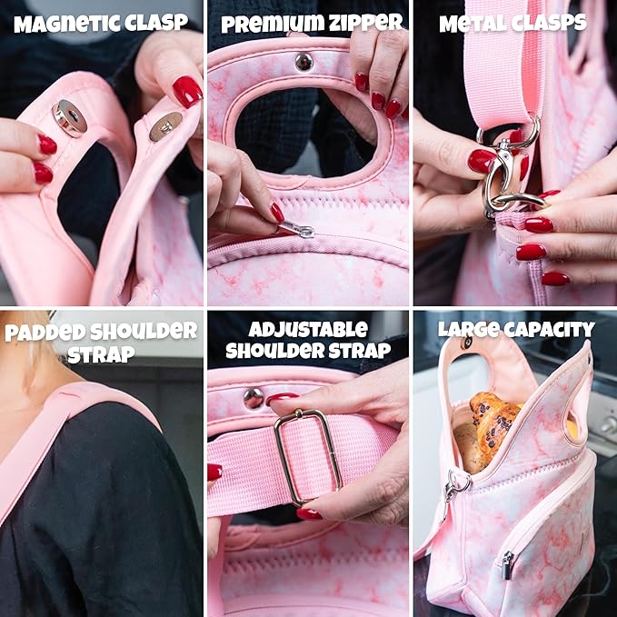 Made Easy Kit Large Insulated Lunch Tote Bag – Stylish Neoprene Carrier Foil Lining, Front Zipper Pocket & Shoulder Strap – Machine Washable, Lightweight, Travel Ready (Pink Marble)