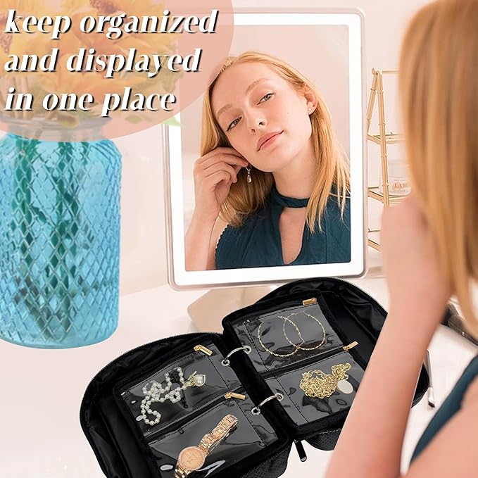 Travel Jewelry Organizer Case, Jewelry Bags for Traveling, Jewelry Binder with 24 Pcs Clear Zipper Velvet Pouches for Storing Earrings, Rings, Necklace, Bracelet, Watch (Black)