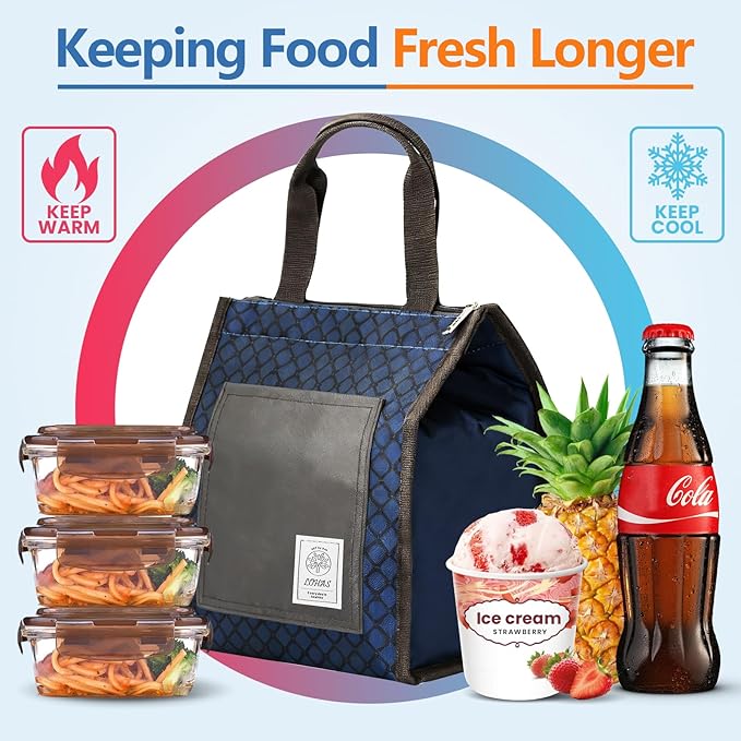 Lunch Bag for Women Men, Reusable Leakproof Lunch Tote with Thermal Lining, 7L Insulated Portable Lunch Box Cooler Bag for Work, Office, Picnic, Beach & Travel (Blue)