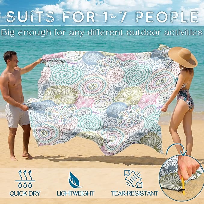 BYDOLL Beach Blanket Waterproof Sandproof Large Sand Free, 78''X110'' Oversized Sandless Lightweight Blanket Picnic Mat for Beach Travel Camping Hiking with Stakes