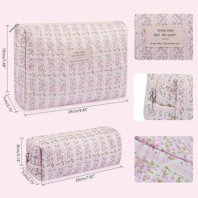 2PC Makeup Bag Set, Cute Cosmetic Bag for Women Girls, Floral Coquette Aesthetic Toiletry Bag, Travel Make Up Organizer Bag (Blue Rose)