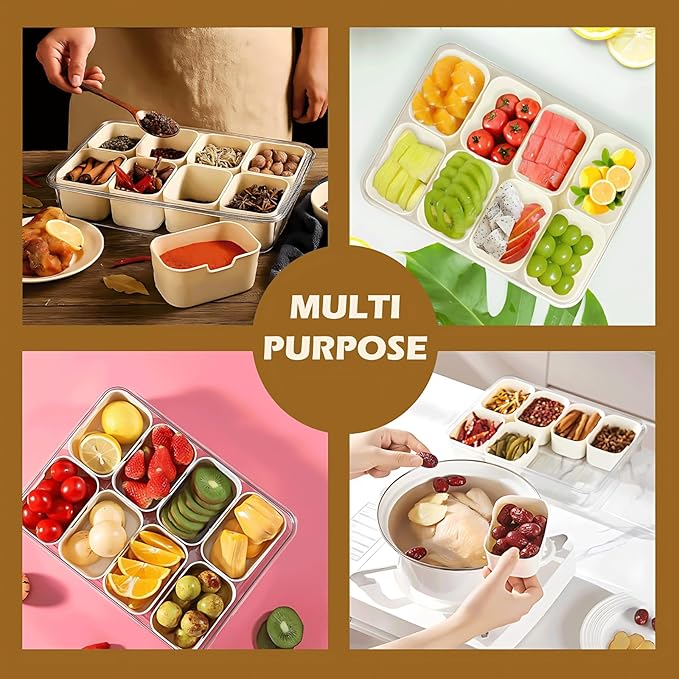 Divided Snackle Box Container-8 Compartment Snack Tray with Lid & Handle,BPA Free Stackable Snack Organizer for Fruits,Veggies,Candy,Reusable Airtight Food Storage for Fridge, Travel, Picnic, Party
