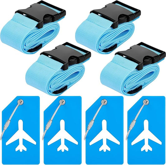 Weewooday 8 Pcs Luggage Straps Suitcase Tags Set for TSA Approved, 4 Travel Adjustable Suitcase Belt, 4 Silicone Luggage Tags with Name ID Card Travel Accessories(Blue,Airplane)