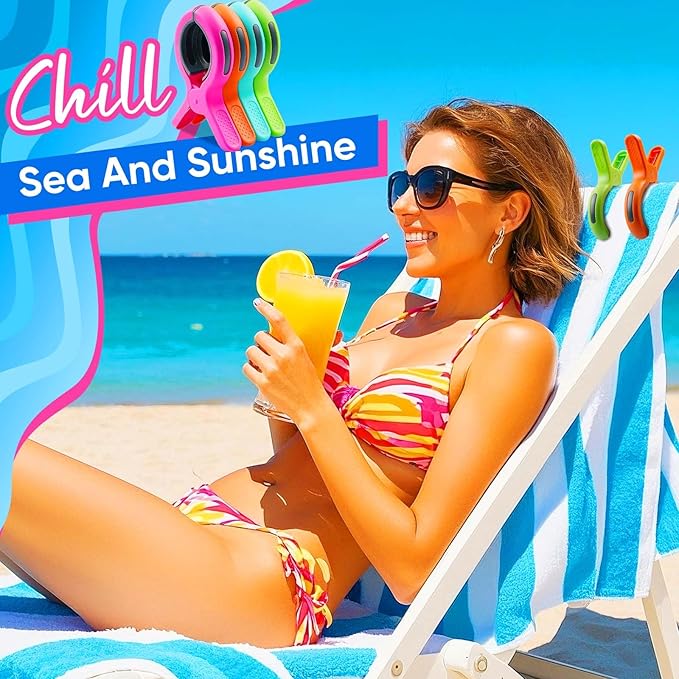 16 Pack Large Beach Towel Clips for Beach Chairs, Towel Holder for Pool Lounge Chair Cruise Essentials, Jumbo Size Clothes Pins Vacation Must Have to Keep Towel from Blowing Away, 4 Bright Colors