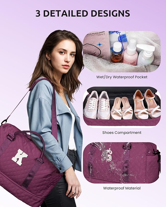 Easter Gift-Stuff for Girls 10-12-Initial Travel Bag with Shoe Compartment, Personalized Weekender Bag, Monogram Overnight Bag for Women, Letter Girls Travel Bag with Makeup Bag (Letter C)