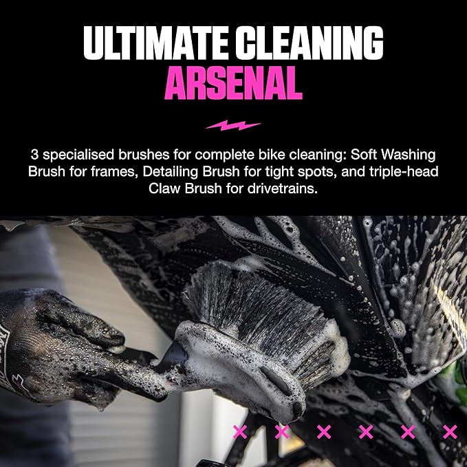 Muc-Off 220 3 Piece Premium Brush Kit - Includes 3 Bike Cleaning Brushes With Durable Nylon Bristles And Ergonomic Rubberised Handles To Minimise Impact