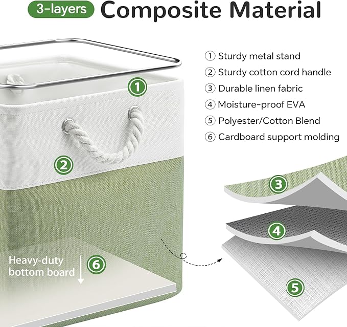 VQRTEXA 12 x 12 Inch Cube Storage Bins, 4 Pack Fabric Storage Basket with Handles, Foldable Boxes Organizer for Shelf Baskets for Home, Clothes (White/Green)
