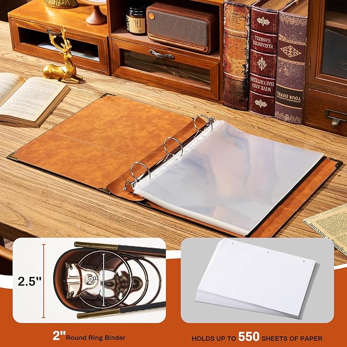 Ovesmusl PU Leather 3 Ring Binder Fits 8.5"x11" Letter Size Paper, 2 Inch Round Ring Binder Holds 500 Sheets, Notepad Paper Cover Loose Leaf Organizer, Black Sun