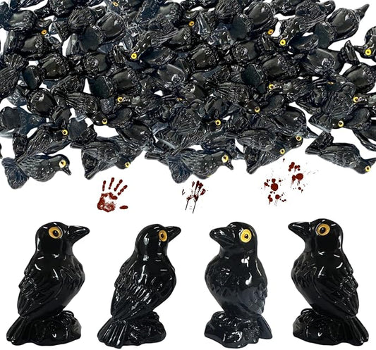 100 Pcs Halloween Miniature Crows Ravens Decor Mini Resin Crows Black Bird Figurines for Halloween Gothic Decor, Home Tabletop Shelf Centerpieces, Party Favors Gift,with Storage Box