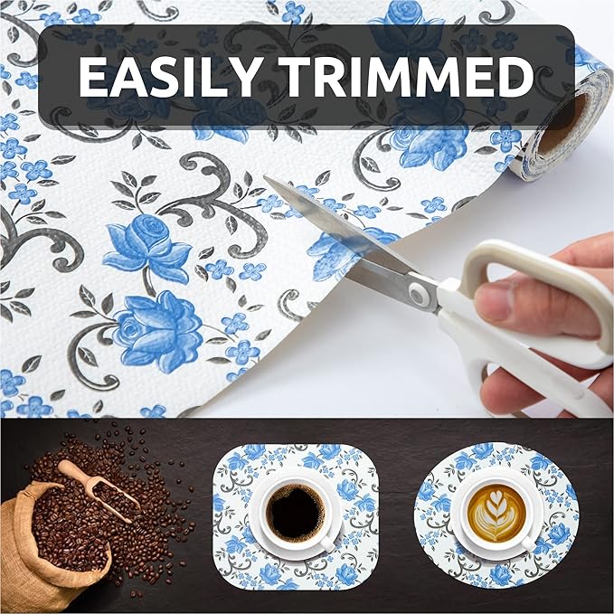 FIFTY FEET 18X96 Inch Shelf Liner for Kitchen Cabinets, PVC Drawer Liner for Dresser Non-Slip Bathroom, Non-Adhesive Cabinet Liner Washable (Blue Floral)(5 Roll)