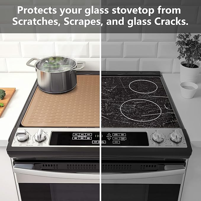YUHFERA Stove Top Cover for Electric Stove - Silicone Stove Mat for Glass Top, Glass Cooktop Protector, XL Dish Drying Mats for Kitchen,Oven Covers for Electric Stove (Caramel,30 x 21)