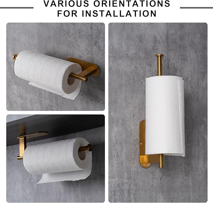 Honmein Paper Towel Holder, Upgrade SUS304 Stainless Steel Paper Towel Holder Under Cabinet, Bend-Resistant, Self-Adhesive or Drill mounting (Gold)