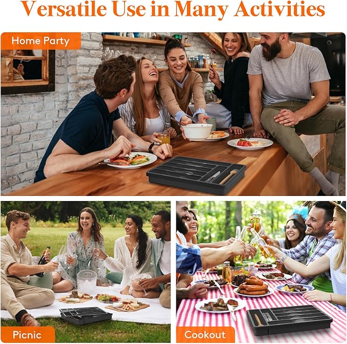 Lifewit Silverware Organizer with Lid, Covered Utensil Tray for Kitchen Drawer and Countertop, Plastic Cutlery and Flatware Storage Box for Spoons Forks Knives Holder Case, 7 Compartments, Black