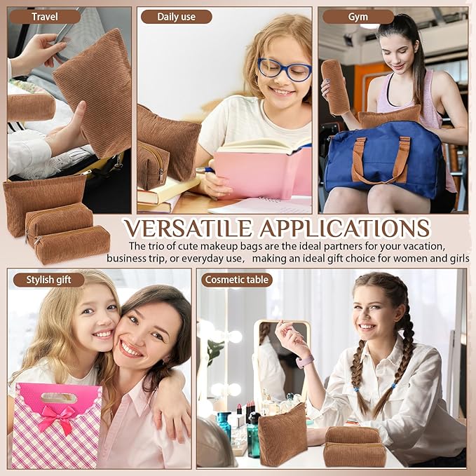 3 Pcs Makeup Bag Set for Women Corduroy Cosmetic Pouch Aesthetic Smile Travel Toiletry Bag Cute Purse Pouch Pencil Case Makeup Brushes Storage Organizer for Christmas(Brown,Solid Style)