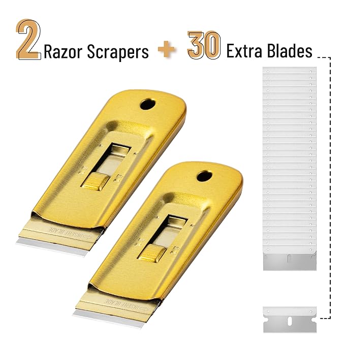 Bates- Metal Razor Blade Scraper Tool, 2 Pack, 30 Extra Blades, Gold, Heavy-Duty Cleaning Razor Scraper Tool