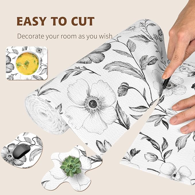 Drawer and Shelf Liner Black Flowers 17in x 20FT, Non Adhesive Anti-Slip Double Layer PVC Reusable Thickened Waterproof Easy Clean for Kitchen Cabinets Refrigerator with Knife Tape Measure