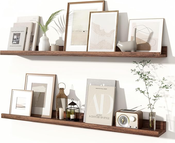 Fun Memories Picture Ledge Shelves Set of 2, 36 Inch Rustic Wall Mounted Floating Shelves with Lip for Home Storage and Decor in Bathroom, Kitchen, Nursery, Bedroom, Living Room, Walnut