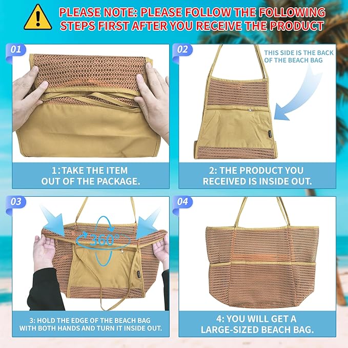 Tainehs Beach Mesh Tote Bag for Women, Large Travel & Pool Bag, Lightweight Vacation Cruise Tote (Inside Out – Flip to Use)