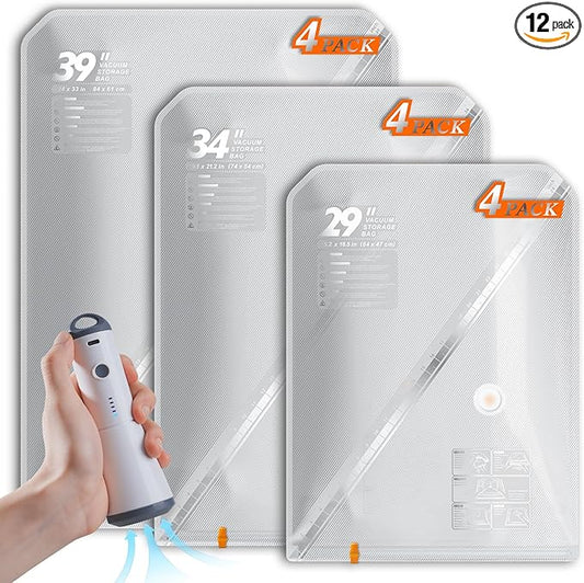 Vacbird Vacuum Seal Bags for Clothing with Rechargeable Cordless Pump, 12 Pack Compression Packing Bags, Space Saver Storage for Seasonal Clothes Bedding Blanket Pillows Comforters Luggage Travel