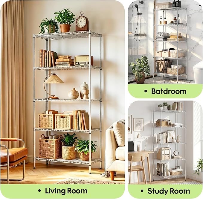 BestOffice | 5-Tier Wire Storage Shelves | 14 x 24 x 60 | Chrome | with Adjustable Racks | Metal Shelf, Holds Upto 500 lbs | No-Tool Assembly | Ideal for Home & Garage Shelving