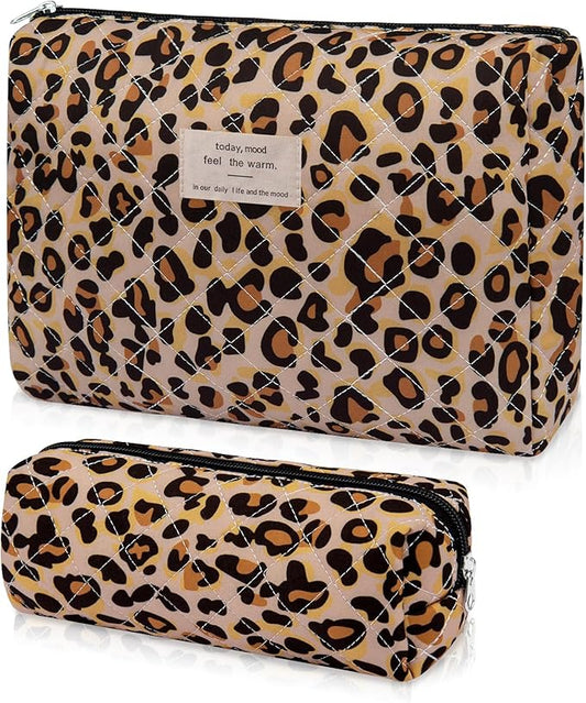 2PC Makeup Bag Set, Cute Cosmetic Bag for Women Girls, Floral Coquette Aesthetic Toiletry Bag, Travel Make Up Organizer Bag (Leopard Print)