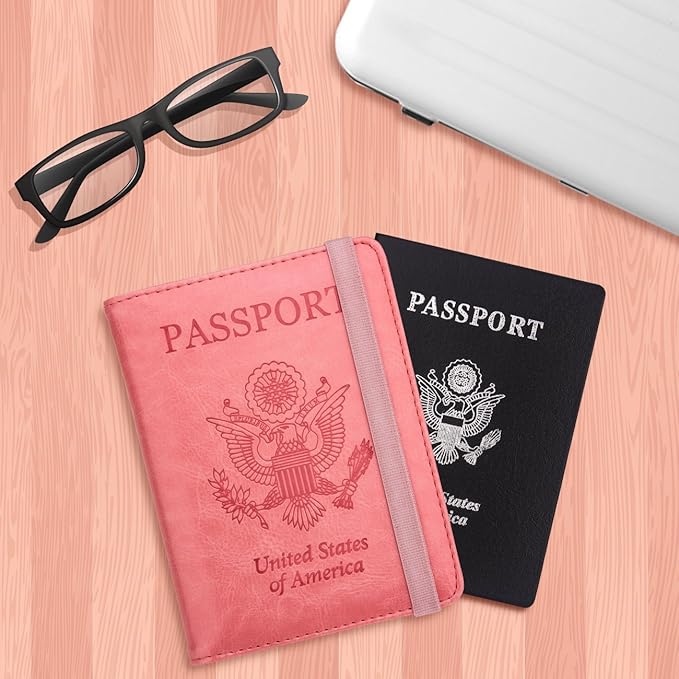 WALNEW Passport Holder for Travel, RFID Passport Cover Wallet for Women Men, PU Leather Passport Book Card Holder Case with Pen, Travelling Essentials for Flying