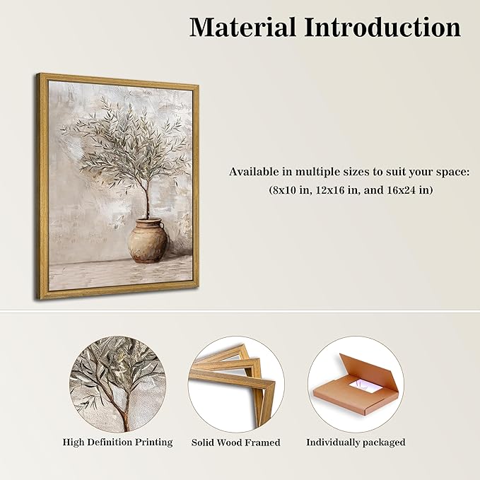 Wood Framed Olive Tree Canvas Wall Art, Room Aesthetic Oil Painting, Rustic Vintage Potted Plant Wall Decor, Neutral Botanical Artwork for Living Room Kitchen Dining Room Farmhouse Home Decor 12x16 in