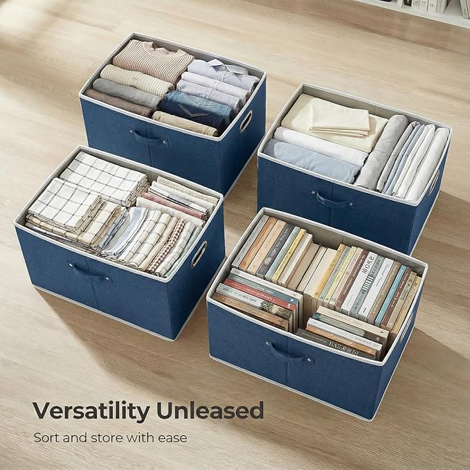 PRANDOM Storage Bins with Lids [3-Pack] Linen Fabric Foldable Storage Boxes Organizer Containers Baskets Cube with Cover for Bedroom Closet Office Royal Blue (23.4X15.9X11.4)