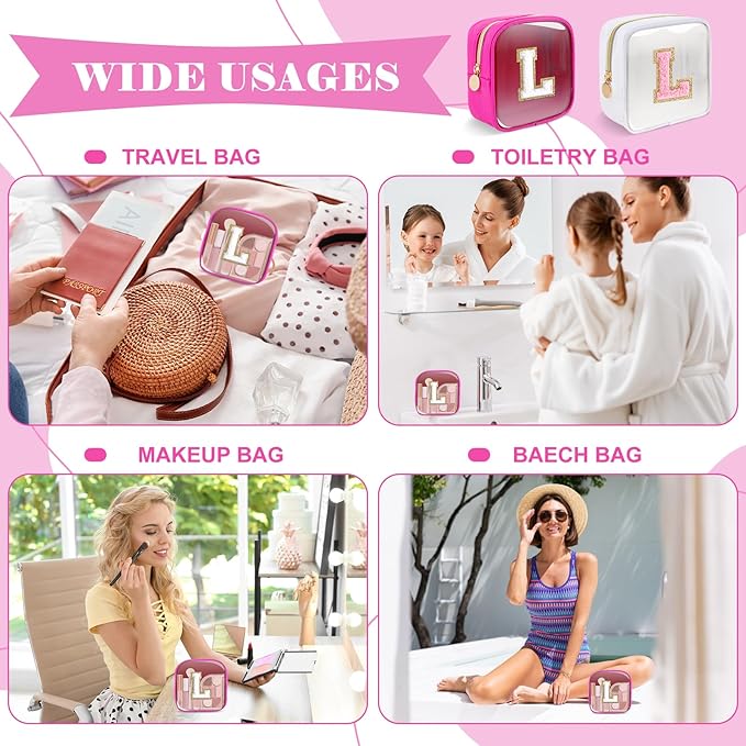 Personalized Initial Letter Clear Preppy Makeup Bag, Mini Nylon Chenille Letter Cosmetic Bag Cute Zipper Pouch Coin Purse for Teen Girls, Portable TSA Approved Travel Essentials Bag Gift for Women, L