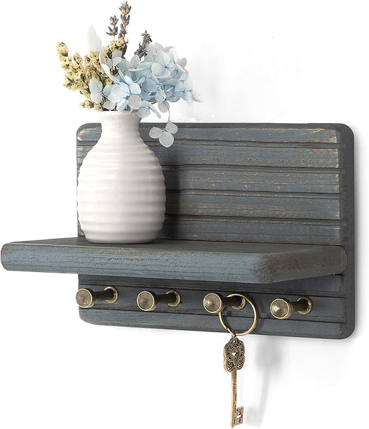Rebee Vision Small Pine Wood Decorative Key Holder Wall Mount – Functional 7-inch Key Holder for Wall with Shelf & Hooks – Apartment Essentials for Home Decor to Keep Space Tidy (Royal Blue)