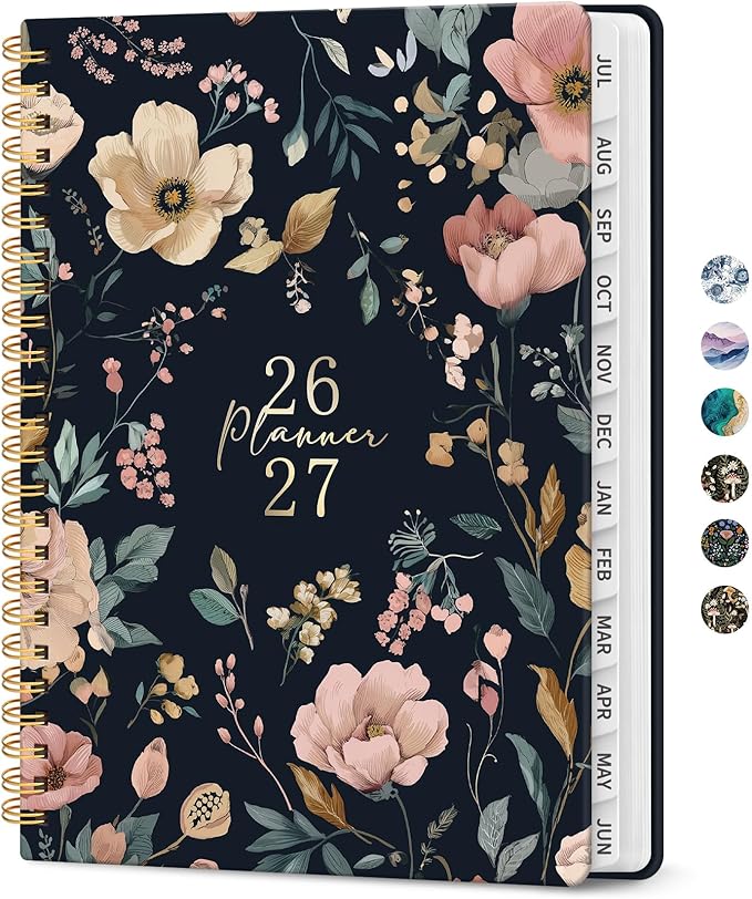 Planner 2026-2027, Academic Monthly and Weekly Calendar Planner for Women, July 2026 - June 2027, Hardcover Pretty Agenda Planner Book with Tabs, Spiral Daily Organizer for School Office Home Supplies, 6.3" x 8.5" - Evening Petals