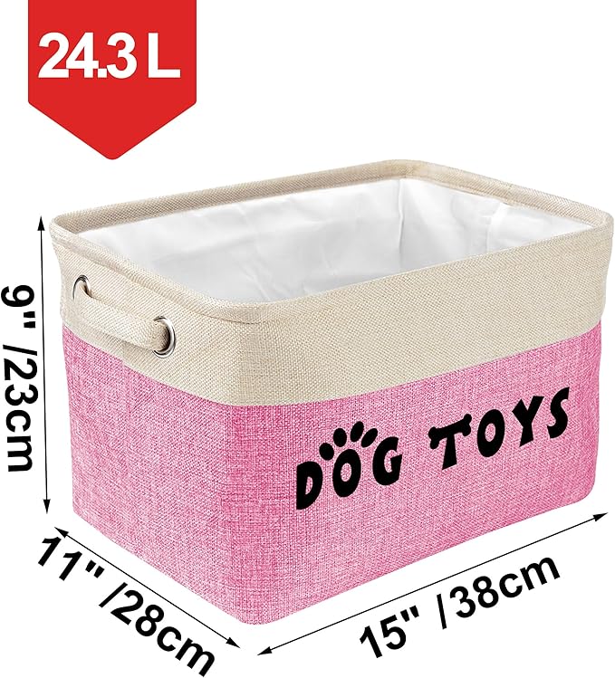 PET ARTIST Dog Toy Basket, Collapsible Dog Toy Bin Box with Comfortable Handles, Large Pet Toy Storage Organizer for Accessories, Toys, Coat & Clothing, Blanket & Leash, Pink, 15"x11"x9"