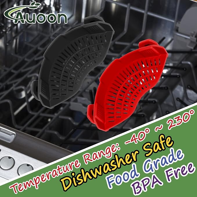 2PACK AUOON Clip on Strainer for All Pots Pans - Silicone Kitchen Colander Food Strainer for Pasta Meat Vegetable Fruits | Easy to Use and Store, Dishwasher Safe (BlackRed)