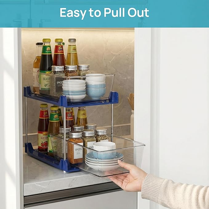 2 Pack 2 Tire Under Sink Organizer, Bathroom Organizers and Storage,Cabinet Drawers Bins, Pull-Out Organization with Track for Pantry, Kitchen,Fridge,Vanity Countertop (blue