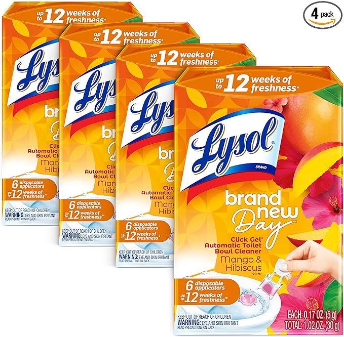 Lysol Click Gel Automatic Toilet Bowl Cleaner, Gel Toilet Bowl Cleaner, For Cleaning and Refreshing – Mango & Hibiscus, 6 applicators (Pack of 4, 24 Count Total)