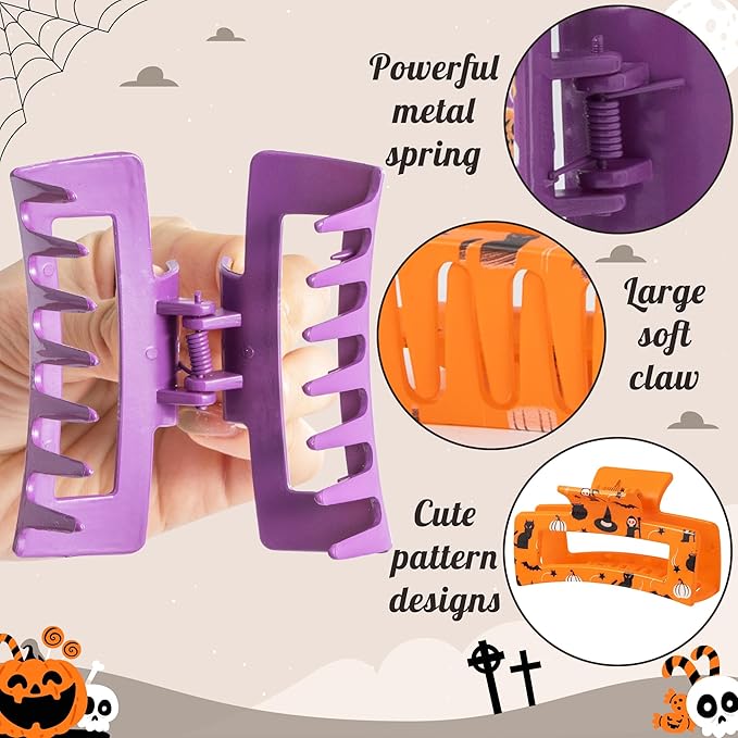 PANTIDE 8Pcs Halloween Hair Claw Clips for Women Girl - Spooky Spider Pumpkin Ghost Witch Hat Rectangle Nonslip Banana Hair Clips, Thin Thick Short Long Curly Accessories, Halloween Costume Party Gift