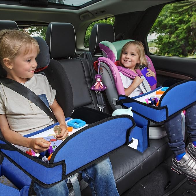 2Pcs‎ Kids Travel Tray, Kids Travel Trays for Car Seat, Road Trip Essentials for Toddler, Carseat Lap Tray with Dry Erase Board & Storage Organizer for Road Trip Activities for Kid, Blue
