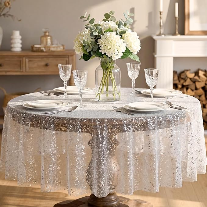 Horaldaily White Silver Gauze Tablecloth 60x60 Inch Round, Silver Sequin Glitter Metallic Foil, Sheer Tulle Cheesecloth for Wedding Baby Shower Ceremony Birthday