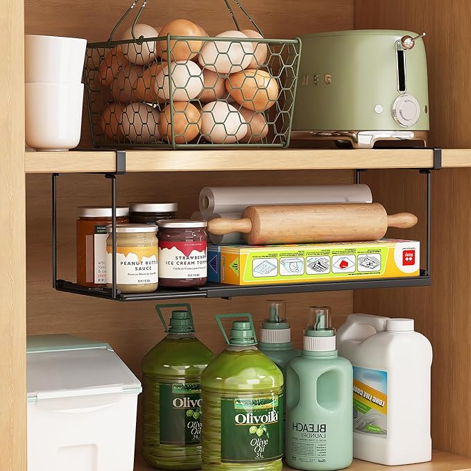 2 Pack Expandable Under Cabinet Shelf, Under Shelf Storage with 0.94 Inches Thick Clips for Kitchen Cupboard, Metal Hanging Under Desk Basket for Laundry Room, Shoe Rack