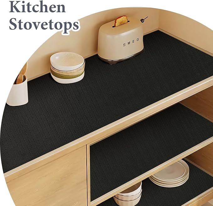 Shelf Liners for Kitchen Cabinets 17in x 20FT, Non Adhesive Drawer Liner Pure Black Thickened Shelf Liner Non-Slip Easy to Clean for Tool Box Refrigerator with Knife and Tape Measure