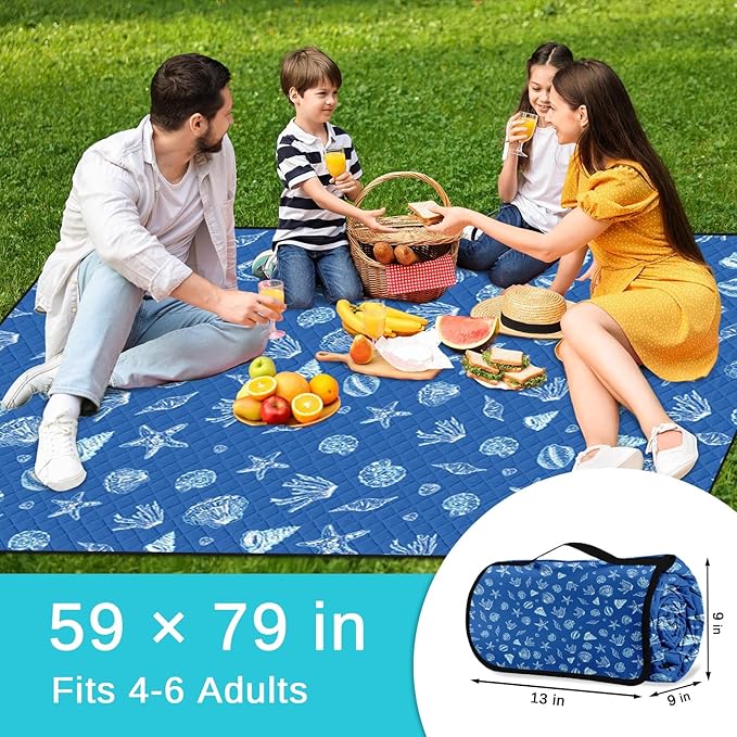 Waterproof Picnic Outdoor Blanket, 79" x 59" Sandproof Foldable Large Picnic Blanket for Beach, Camping, Park, Travel, Concert, Great Gift for Families and Couples (Blue Sea Shells)