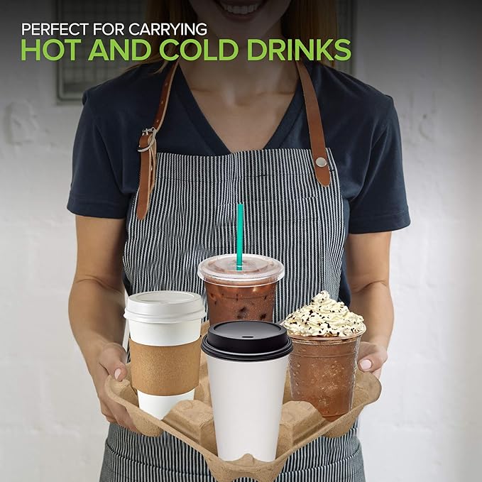 4 Cup Disposable Coffee Tray (75 Count), Commercially Compostable Cup Holder, Durable Drink Carrier for Hot or Cold Drinks, to Go Coffee Cup Holder for Food Delivery Service