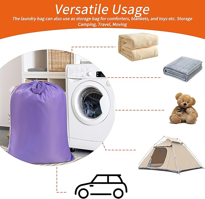 Polecasa Heavy Duty Large Laundry Bag with 130gsm Tear Resistant Fabric and Handles, Easy to Carry Durable Dirty Clothes Drawstring Bag, Perfect for College Dorm, Travel, 2 Pack 28”x36”, Purple