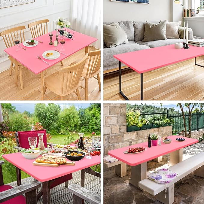 Fitted Rectangle Tablecloth 30 x 72 Inch Elastic Table Cloth for 6ft Table, Stretch Spandex Table Cover Pink Washable Polyester Table Top Cap Cover for Dining Picnic Camping Indoor and Outdoor